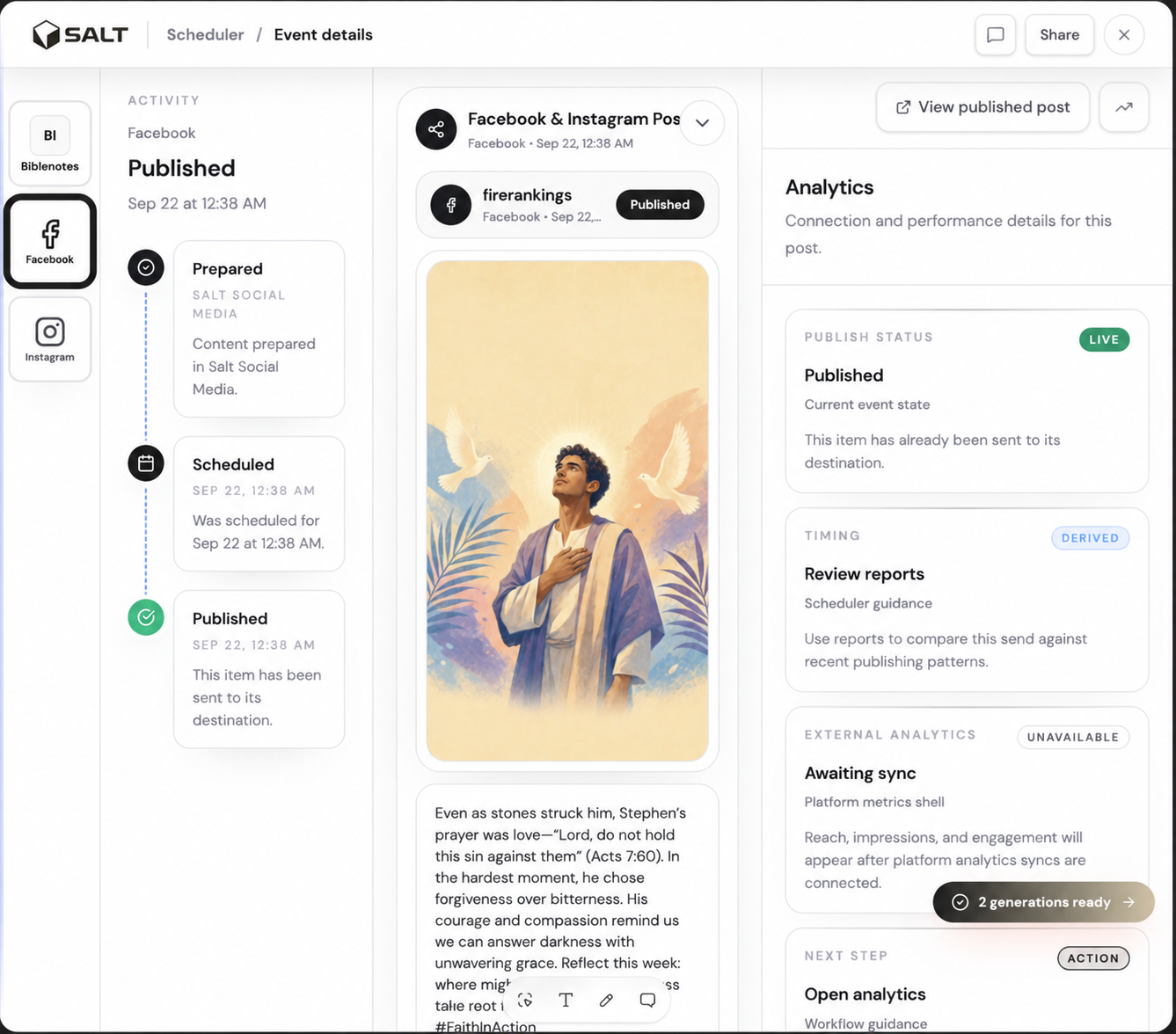 SALT Social Media event details showing a published Facebook post, its activity timeline, and analytics availability