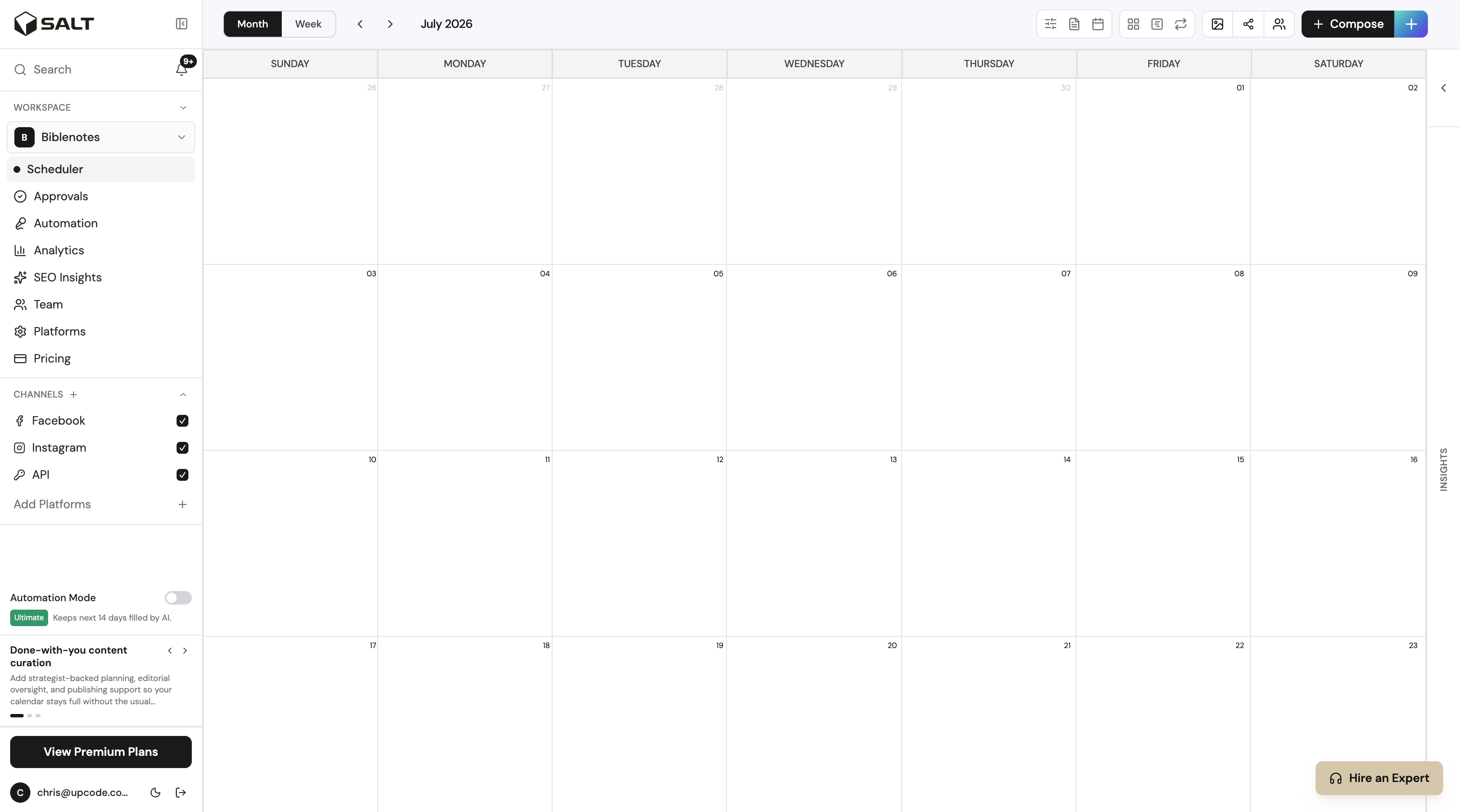 Salt Social Media app showing the scheduler calendar and workspace navigation